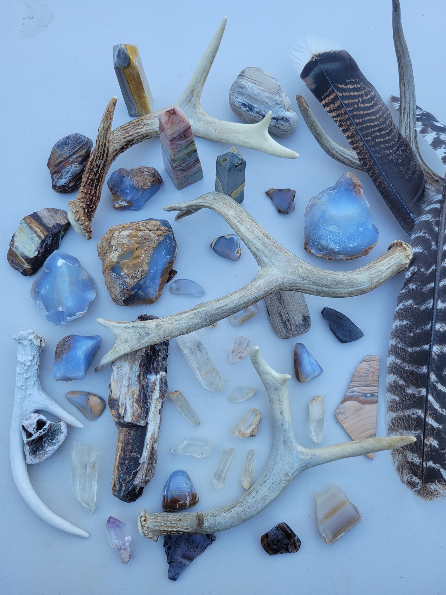 Semi-precious gemstones, feathers, crystals, antlers, Madison Blue Agate, bumblebee Jasper towers