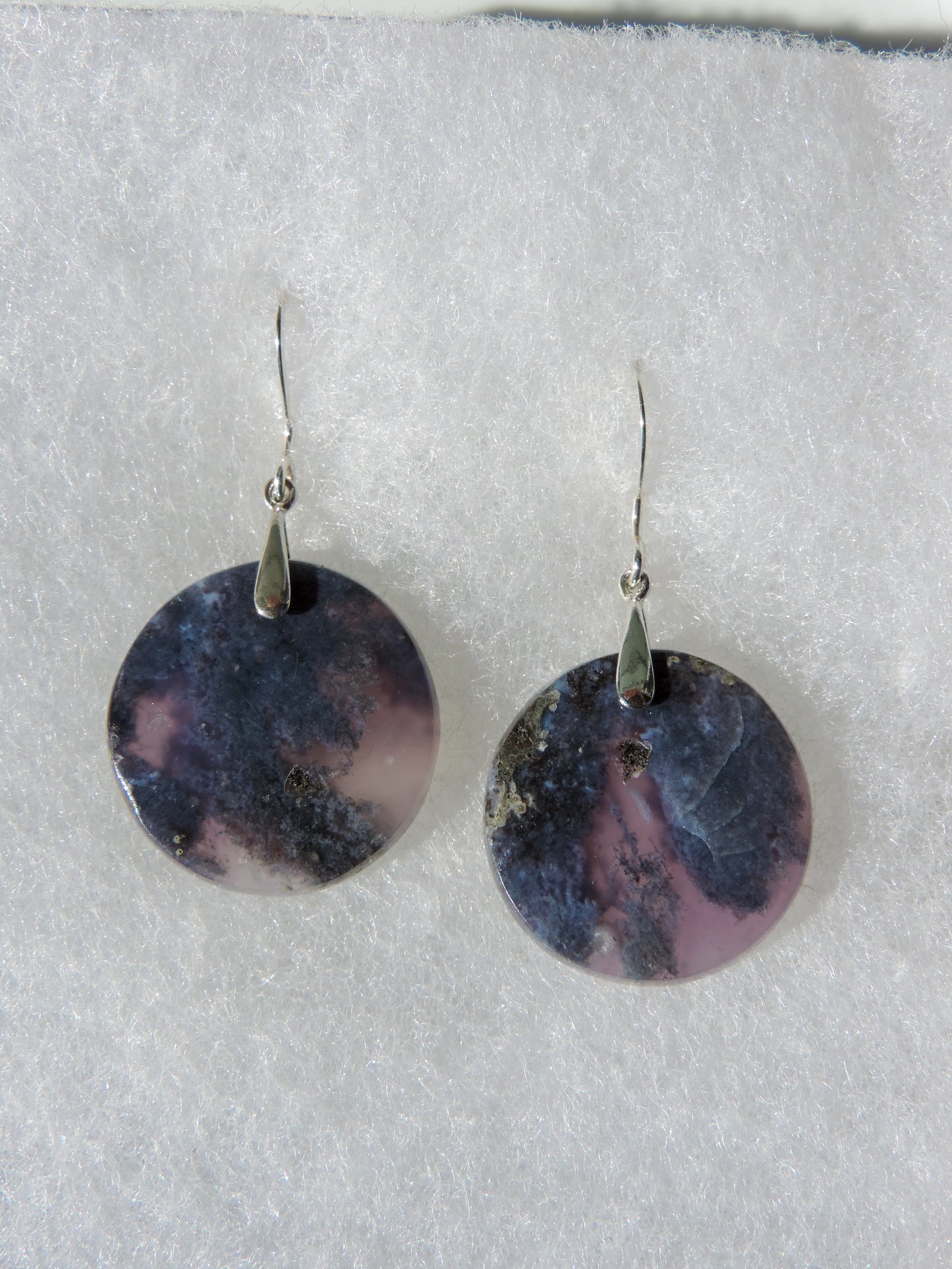 Wear a pair of these beautiful Purple Moss Agate Earrings today and feel the difference! The bail and earring wire are authentic 925 sterling silver. Our hand crafted jewelry earrings are photographed next to a ruler for size