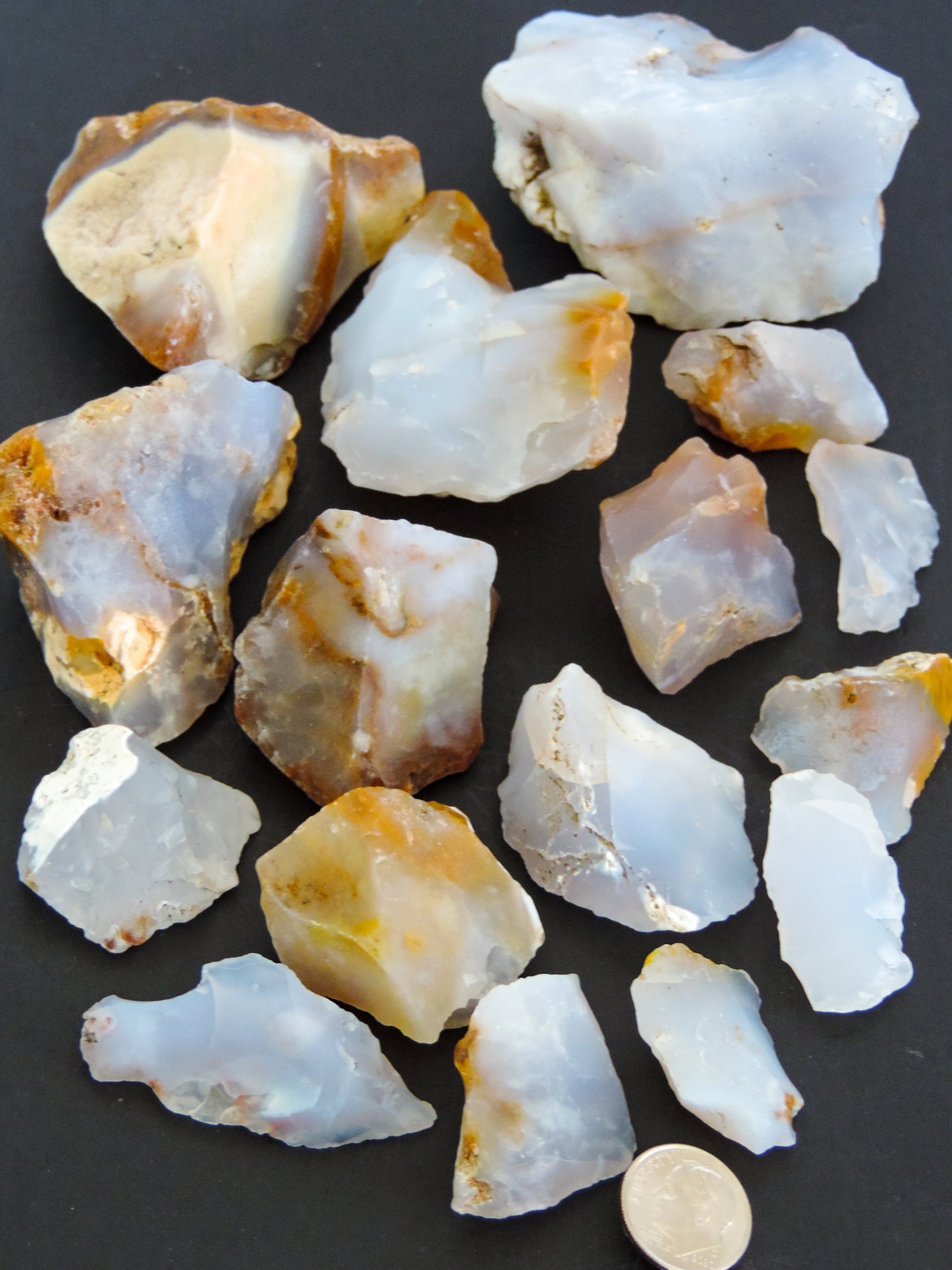Madison Blue Agate bundle. Known as the Treasure State, Montana’s landscape is an abundant resource for precious and semi-precious stones. One of the semi-precious stones, Madison Blue Agate, is featured in this group. This rare stone is hand collected on private land in the mountains of Montana. These natural unrefined stones can have nooks and crannies, inclusions, or small cracks, these distinguishing features lend character to the piece.