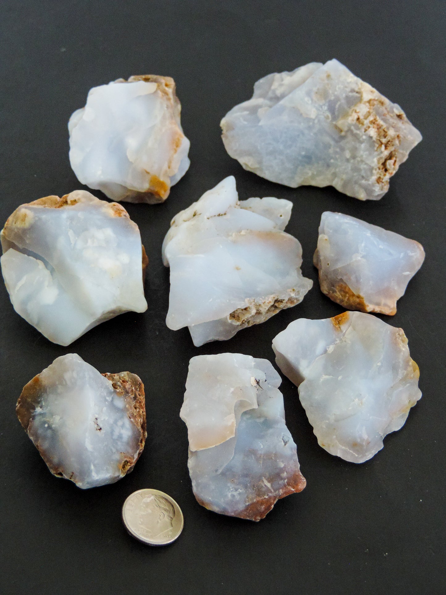 Madison Blue Agate bundle. Known as the Treasure State, Montana’s landscape is an abundant resource for precious and semi-precious stones. One of the semi-precious stones, Madison Blue Agate, is featured in this group. This rare stone is hand collected on private land in the mountains of Montana. These natural unrefined stones can have nooks and crannies, inclusions, or small cracks, these distinguishing features lend character to the piece.