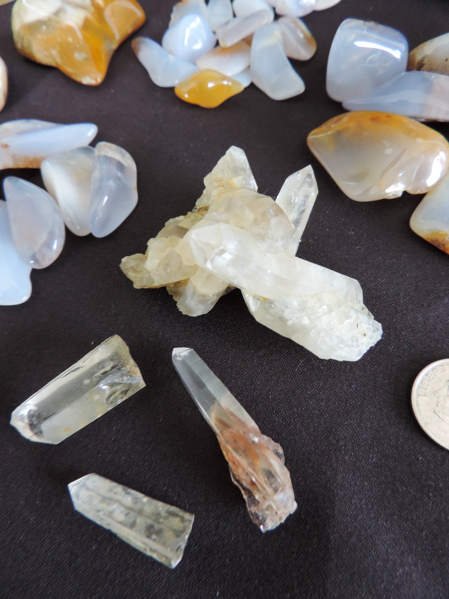 Yellowstone Country Treasure Sampler.  Natural earth items in this sampler package include:  1 large black agatized wood with really nice crystal pocket, $32  1 large petrified wood (rough) $19.75  1 medium petrified/agatized wood (rough) $15.75  2 polished petrified wood (medium) $10.99  3 polished petrified wood (small) $10.99  1 medium madison blue agate, high quality (rough) $7  1