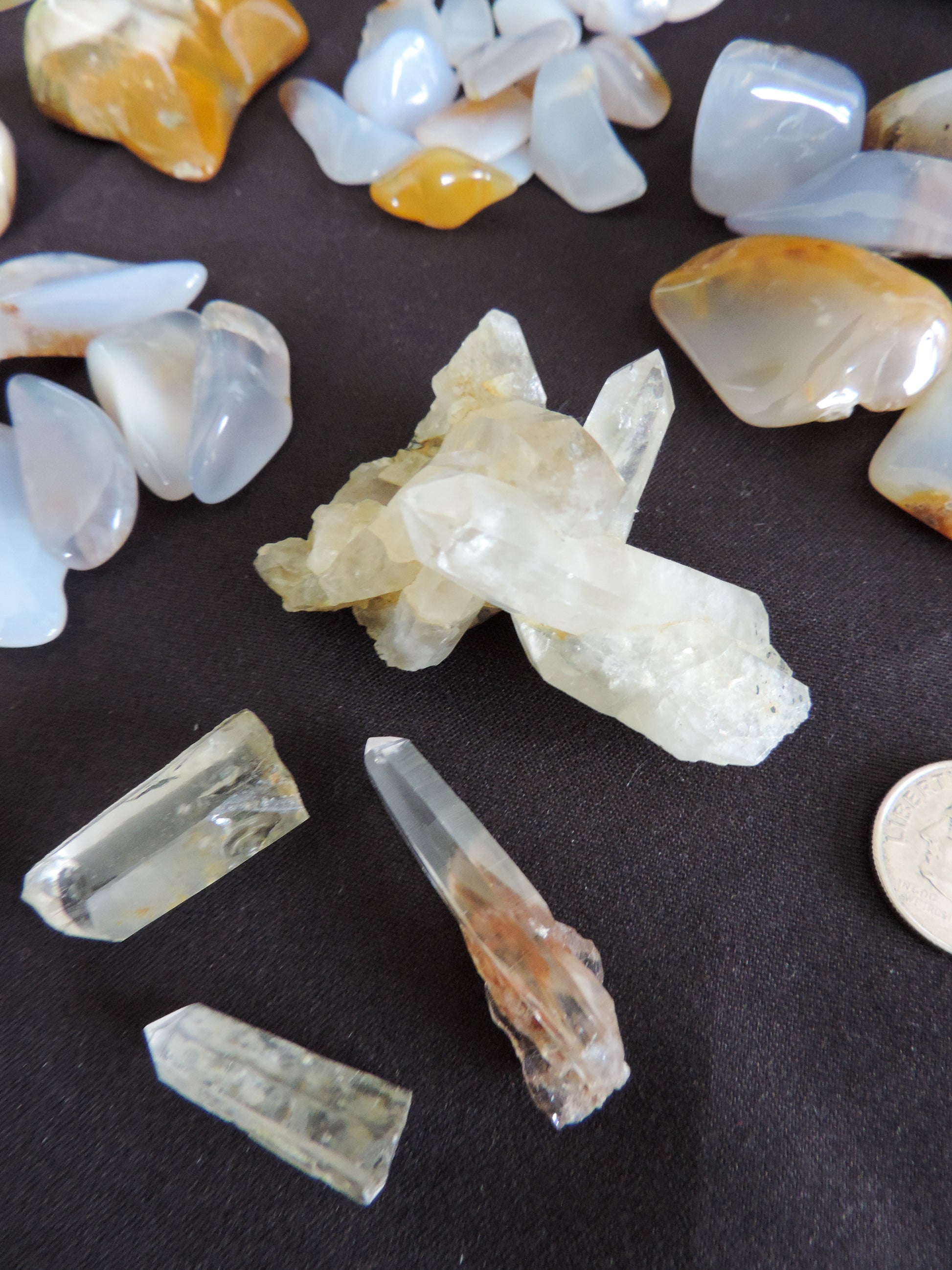 Yellowstone Country Treasure Sampler.  Natural earth items in this sampler package include:  1 large black agatized wood with really nice crystal pocket, $32  1 large petrified wood (rough) $19.75  1 medium petrified/agatized wood (rough) $15.75  2 polished petrified wood (medium) $10.99  3 polished petrified wood (small) $10.99  1 medium madison blue agate, high quality (rough) $7  1