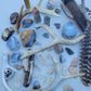 Semi-precious gemstones,  feathers,  crystals,  antlers,  Madison Blue Agate,  bumblebee Jasper towers