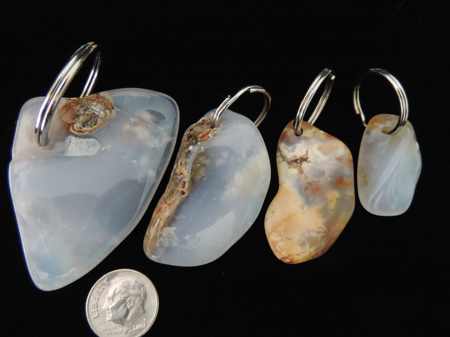 Montana Madison Blue Agate Key Chains.  The stones in these key chains are a result of tumble shaping and polishing a piece of agate from its natural state.