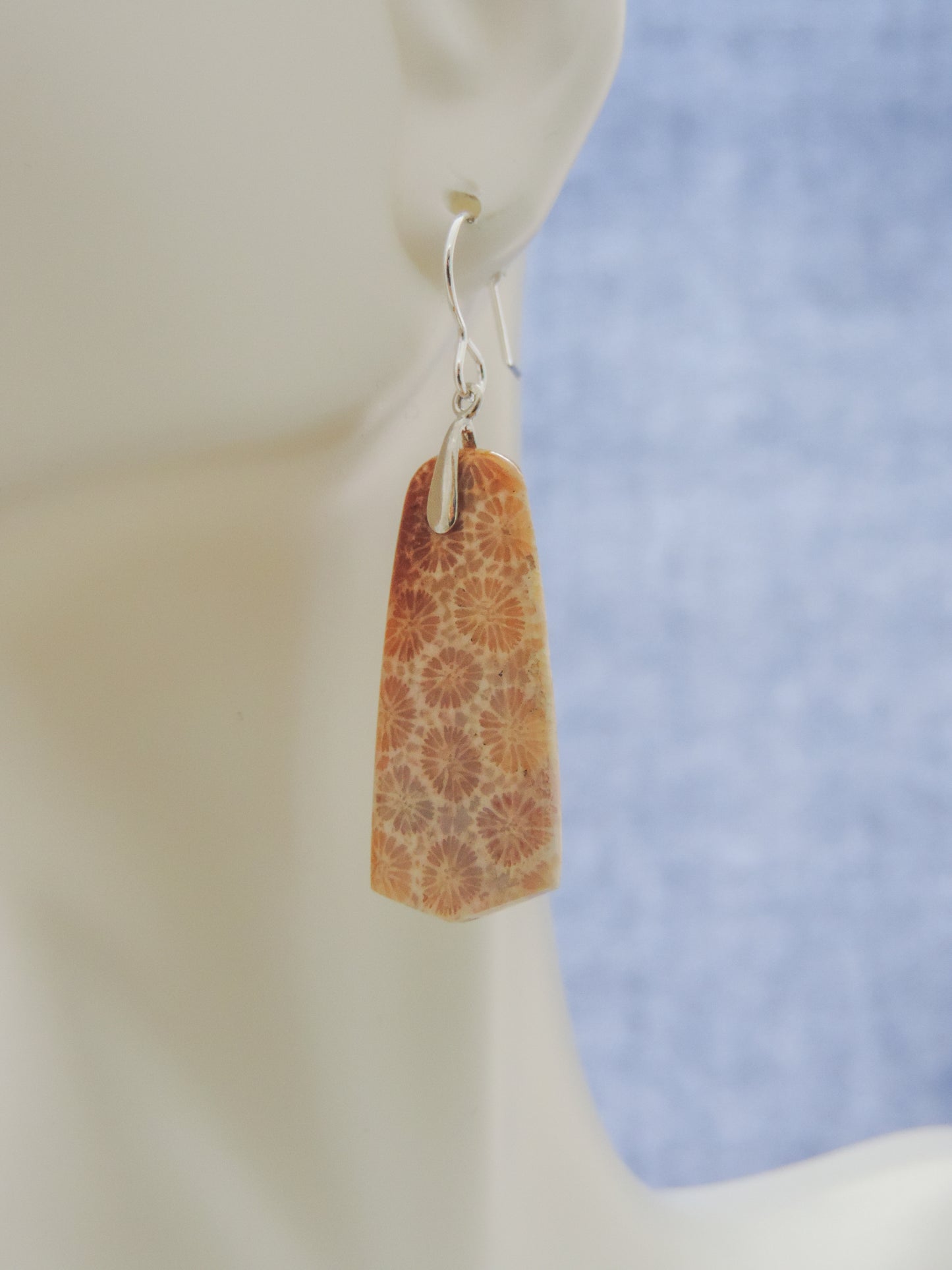 Choose your favorite fossil coral earrings and you’ll be wearing a wonder of the ocean!  Our hand crafted jewelry earrings are photographed next to a ruler for size.  This stone is a natural color, no dyes or heat treatment have been used.