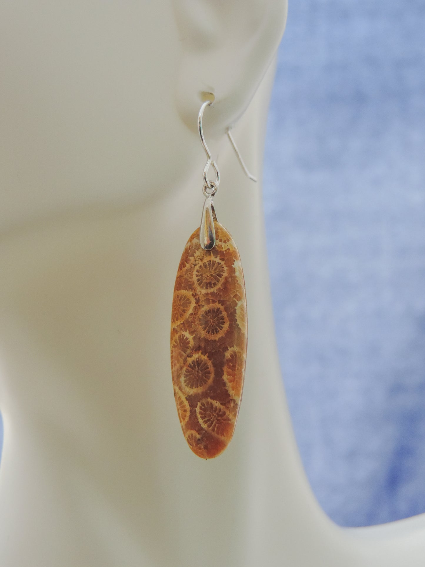 Choose your favorite fossil coral earrings and you’ll be wearing a wonder of the ocean!  Our hand crafted jewelry earrings are photographed next to a ruler for size.  This stone is a natural color, no dyes or heat treatment have been used.