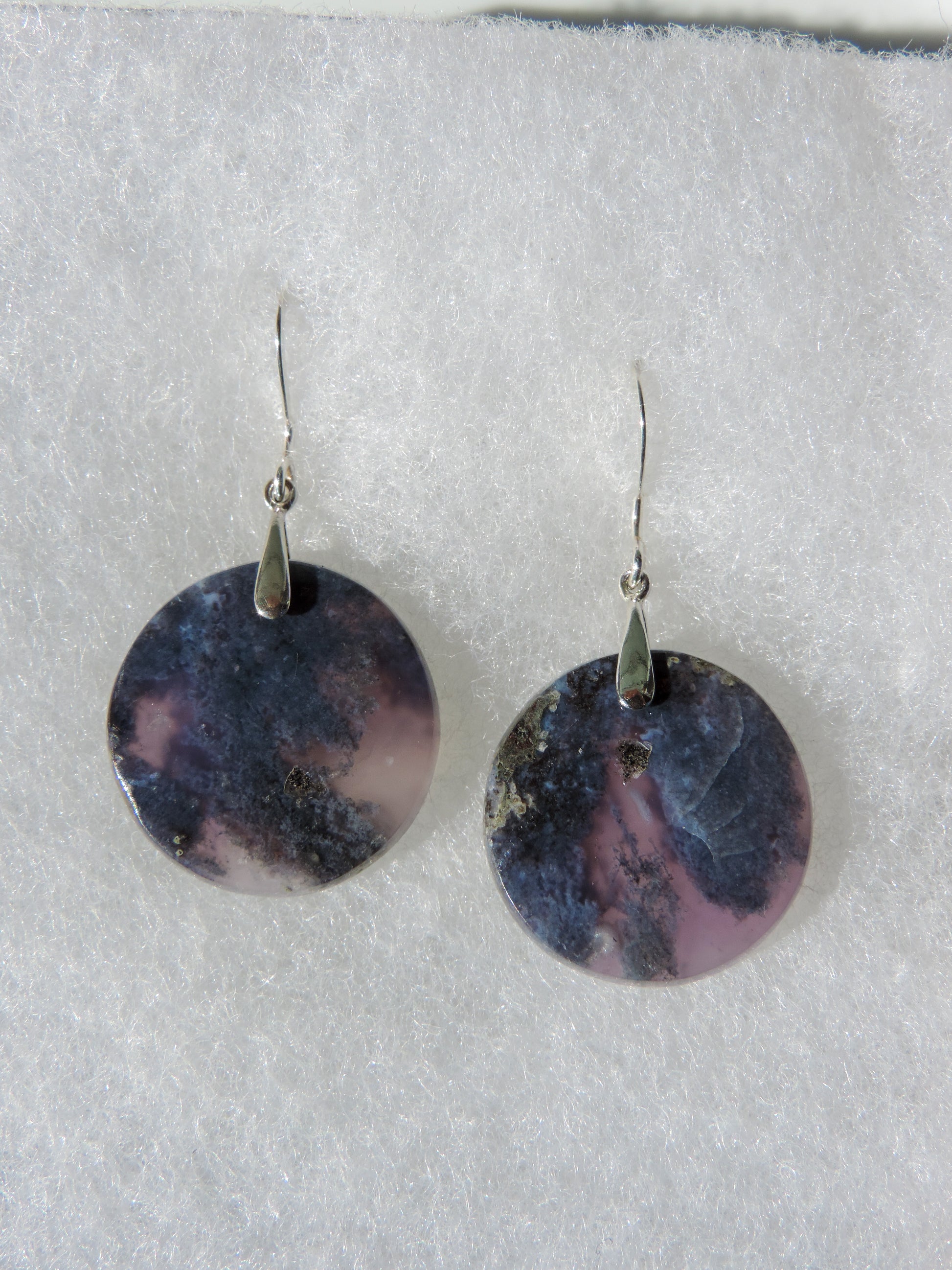 Wear a pair of these beautiful Purple Moss Agate Earrings today and feel the difference!  The bail and earring wire are authentic 925 sterling silver.  Our hand crafted jewelry earrings are photographed next to a ruler for size