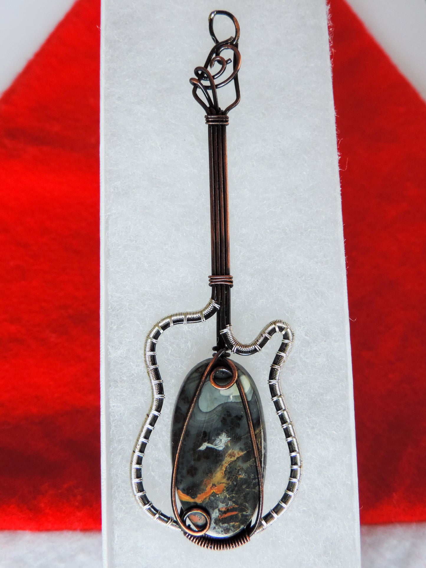 Bloodstone and Mixed Metals Guitar Pendant.  Bloodstone and Mixed Metals  One of a kind guitar pendant that shows off your unique taste!