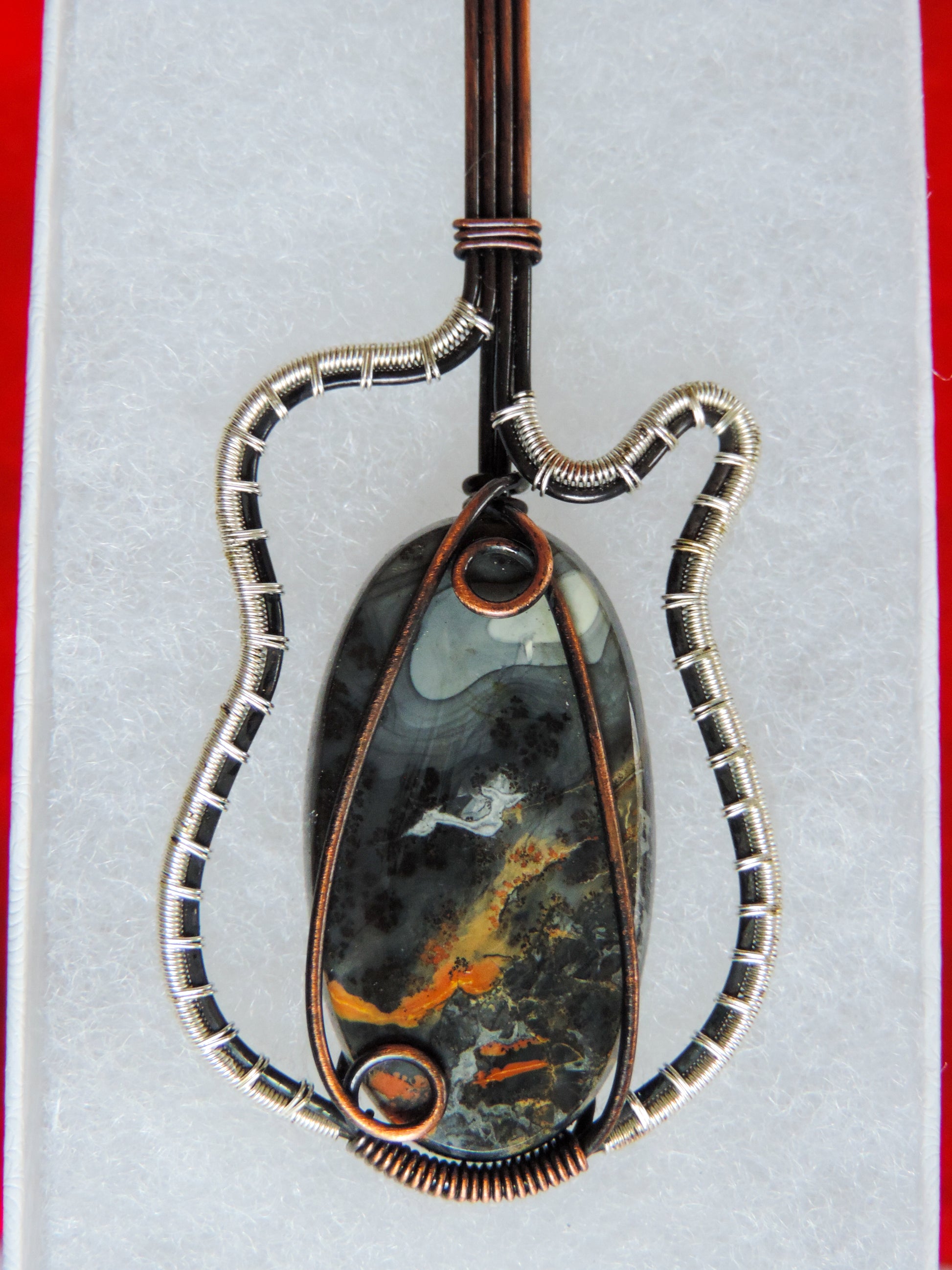 Bloodstone and Mixed Metals Guitar Pendant.  Bloodstone and Mixed Metals  One of a kind guitar pendant that shows off your unique taste!