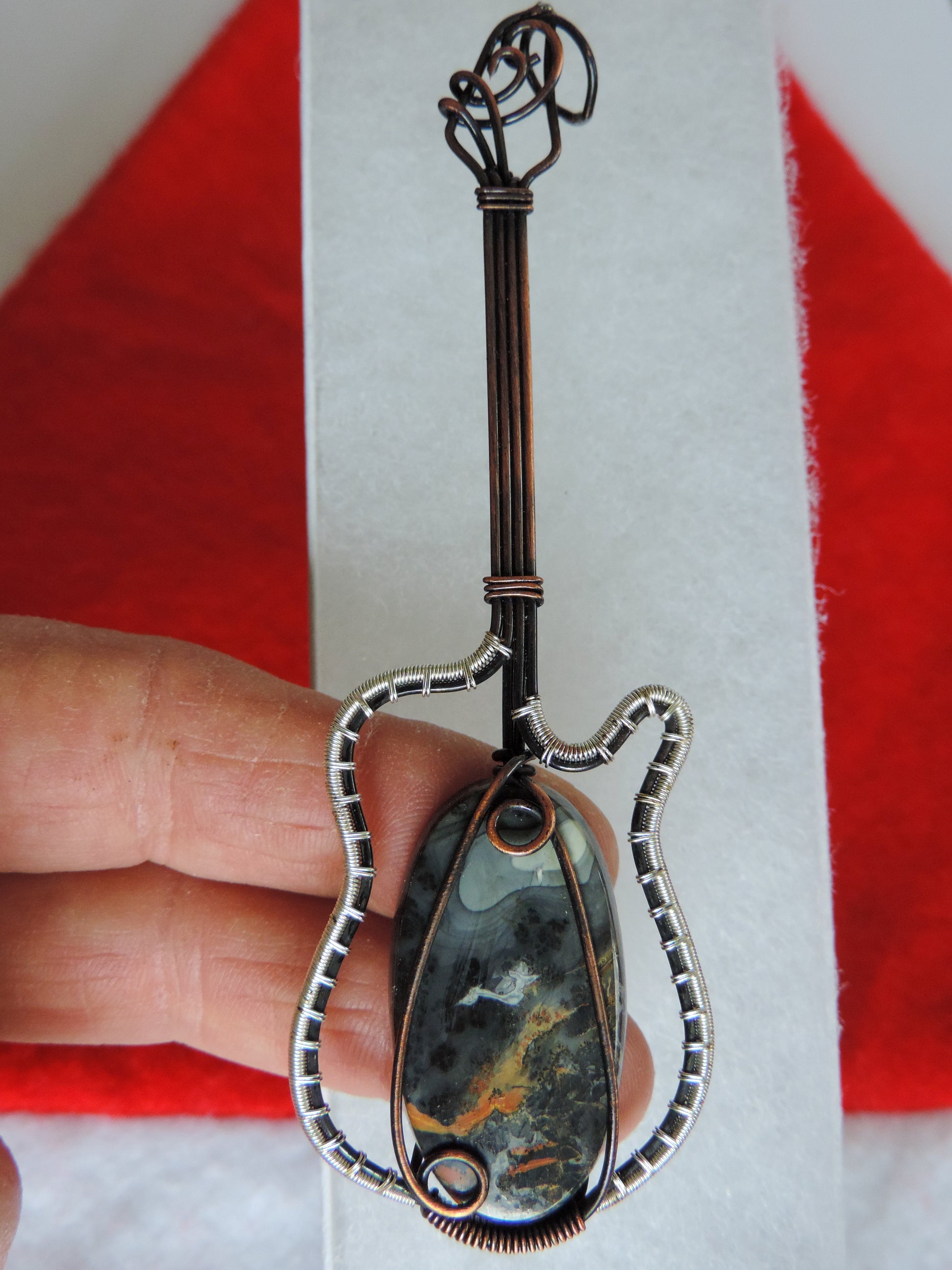 Bloodstone and Mixed Metals Guitar Pendant.