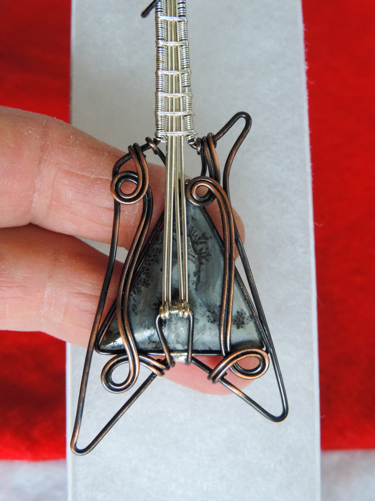 Moss Agate and Mixed Metals Guitar Pendant