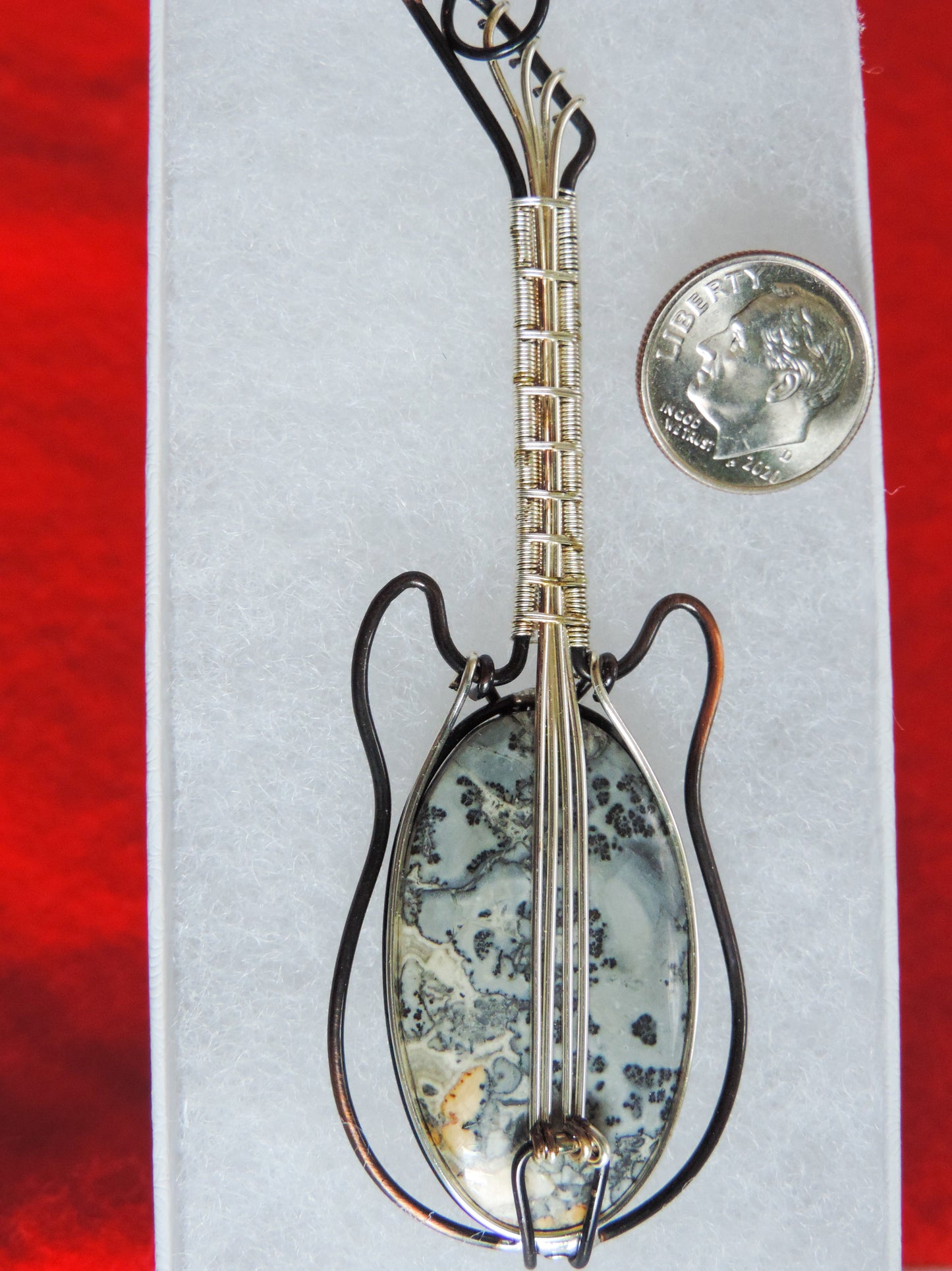 Moss Agate and Mixed Metals Guitar Pendant.  Moss Agate and Mixed Metals  One of a kind pendant that shows off your unique taste!