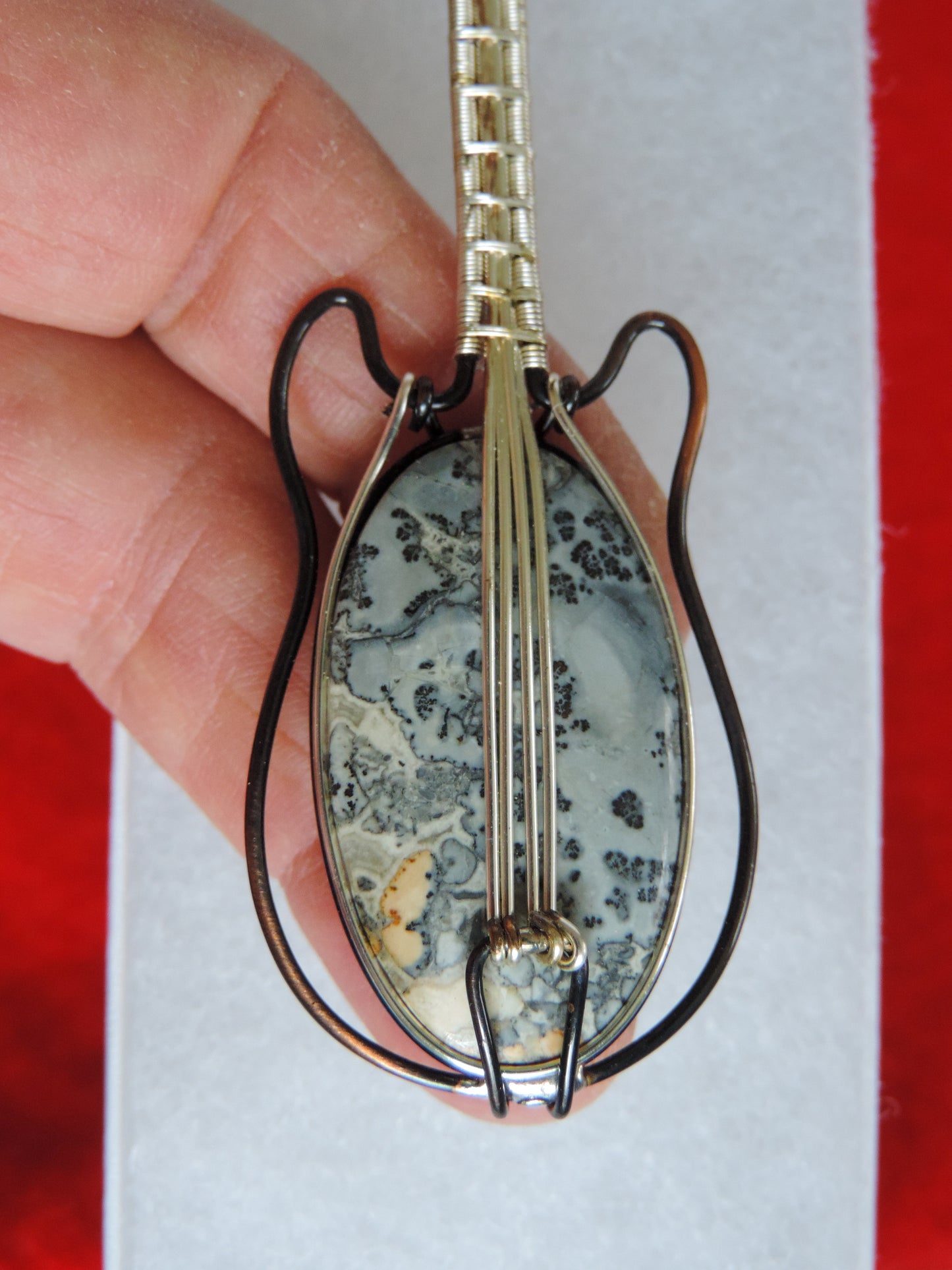 Moss Agate and Mixed Metals Guitar Pendant