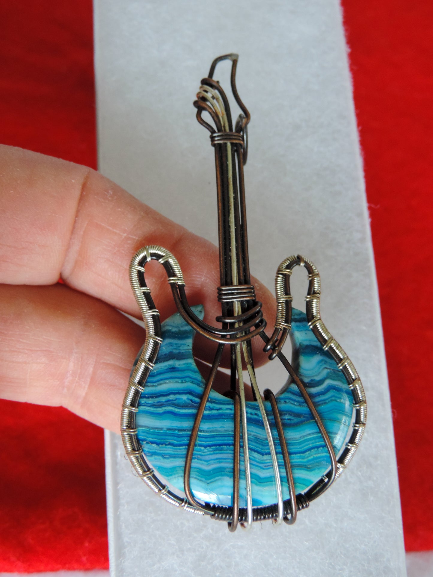 Lace Agate and Mixed Metals Guitar Pendant.  Lace Agate and Mixed Metals  One of a kind pendant that shows off your unique taste!