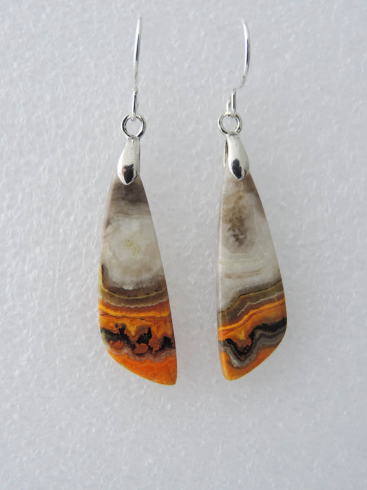 Bumblebee Jasper is named for its yellow, white, orange and black colored banding which resembles a common bumblebee.  This mineral was discovered in the Papandayan Volcano, West Java Province, Indonesia.  The gemstone is truly unique in appearance, fun to wear and is known spiritually for its uplifting, radiant energy.  Bee the buzz when you wear these fun earrings!  The bail and earring wire are authentic 925 sterling silver.