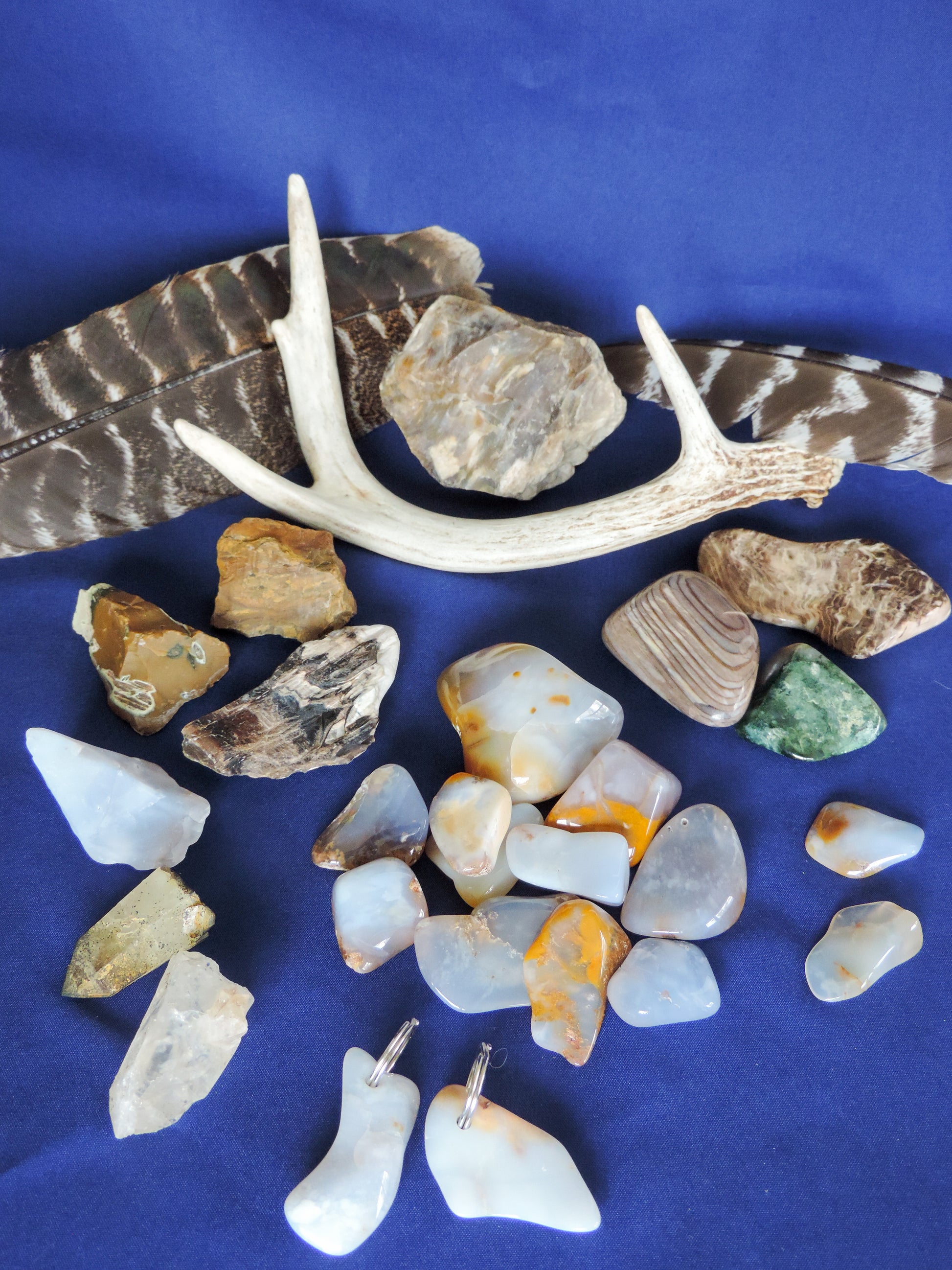 Yellowstone Country Treasure Sampler.  Natural earth items in this sampler package include:  1 antler, $36.99  3 polished petrified wood, $6.00  2 crystals, $1.00  1 large chunk polished madison blue agate, $4.00  10 assorted sizes polished madison blue agate, $20.00  2 rough petrified wood, $5.00  2 rough jasper, $4.00  1 rough madison blue agate, $2.00  2 madison blue agate key chains, $13.98  2 worry stones, $8.00  2 turkey feathers, $4.00  Total Value... $104.97  Holiday Sale Price - $62.99 (40% off