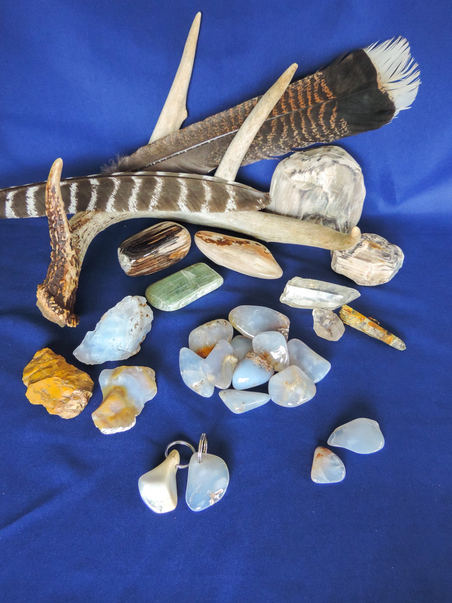 Yellowstone Country Treasure Sampler.  Natural earth items in this sampler package include:  1 antler, $36.99  2 polished petrified wood, $4.00  1 polished aventurine, $2.00  3 crystals, $1.50  10 assorted sizes polished madison blue agate, $20.00  2 rough petrified wood, $4.00  1 rough jasper, $2.00  2 rough madison blue agate, $2.00  2 madison blue agate key chains, $13.98  2 worry stones, $8.00  2 turkey feathers, $4.00  Total Value... $98.47  Holiday Sale Price - $58.99 (40% off)