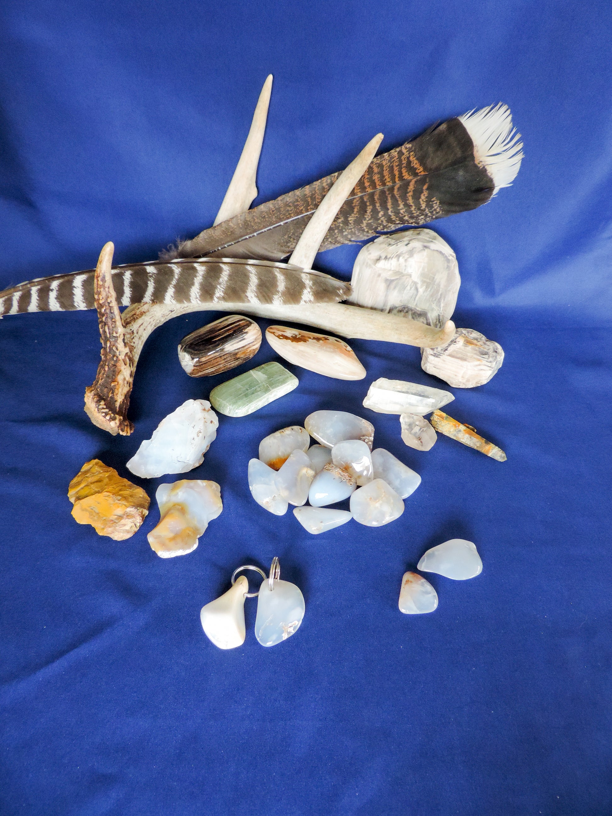 Yellowstone Country Treasure Sampler.  Natural earth items in this sampler package include:  1 antler, $36.99  2 polished petrified wood, $4.00  1 polished aventurine, $2.00  3 crystals, $1.50  10 assorted sizes polished madison blue agate, $20.00  2 rough petrified wood, $4.00  1 rough jasper, $2.00  2 rough madison blue agate, $2.00  2 madison blue agate key chains, $13.98  2 worry stones, $8.00  2 turkey feathers, $4.00  Total Value... $98.47  Holiday Sale Price - $58.99 (40% off