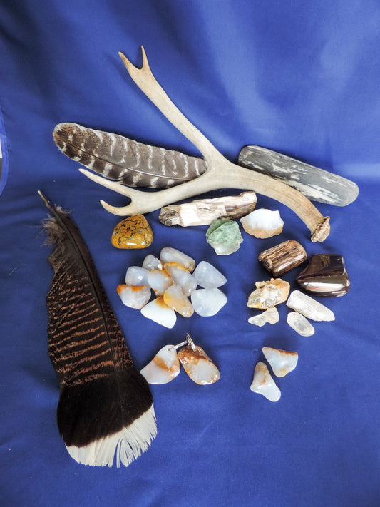 Yellowstone Country Treasure Sampler.  Natural earth items in this sampler package include:  1 antler, $36.99  2 polished petrified wood, $4.00  4 crystals, $2.00  10 assorted sizes polished madison blue agate, $20.00  3 rough petrified wood, $8.00  1 rough madison blue agate, $2.00  1 polished jasper, $2.00  2 madison blue agate key chains, $13.98  2 worry stones, $8.00  2 turkey feathers, $4.00  Total Value... $100.97  Holiday Sale Price - $59.99 (40% off)